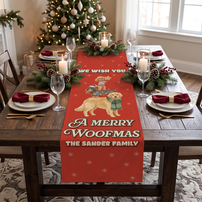 Personalized Family Name Stacked Dogs Merry Woofmas Quilt Table Runner, Custom Dog Lover Red Christmas Quilted Table Runner Decor, Cute Holiday Dining Room Table Topper
