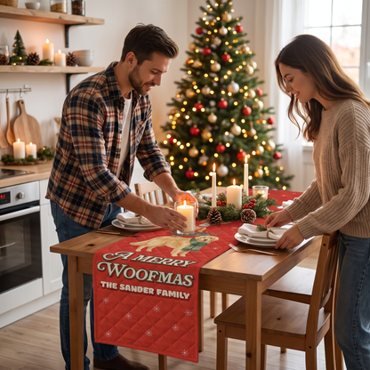 Personalized Family Name Stacked Dogs Merry Woofmas Quilt Table Runner, Custom Dog Lover Red Christmas Quilted Table Runner Decor, Cute Holiday Dining Room Table Topper