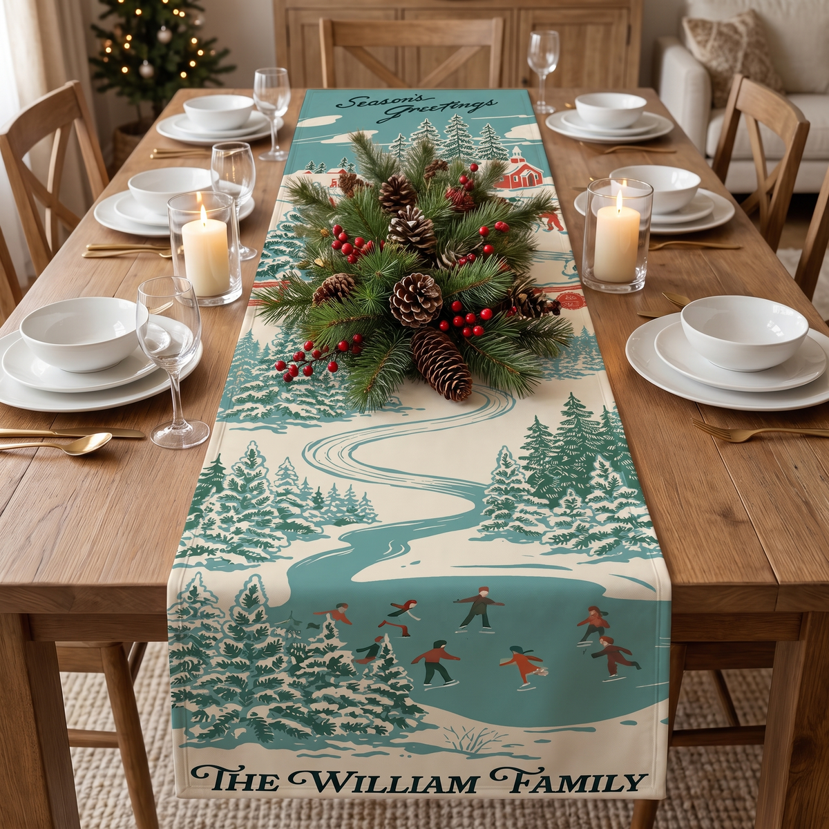Personalized Family Name Vintage Winter Village Quilt Table Runner, Custom Teal Blue Ice Skating Countryside Quilted Table Runner Decor, Nostalgic Holiday Dining Room Table Topper