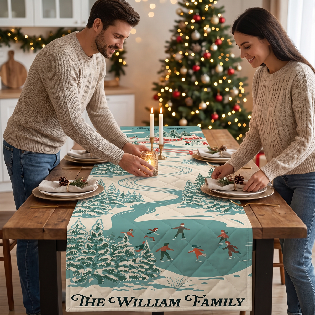 Personalized Family Name Vintage Winter Village Quilt Table Runner, Custom Teal Blue Ice Skating Countryside Quilted Table Runner Decor, Nostalgic Holiday Dining Room Table Topper