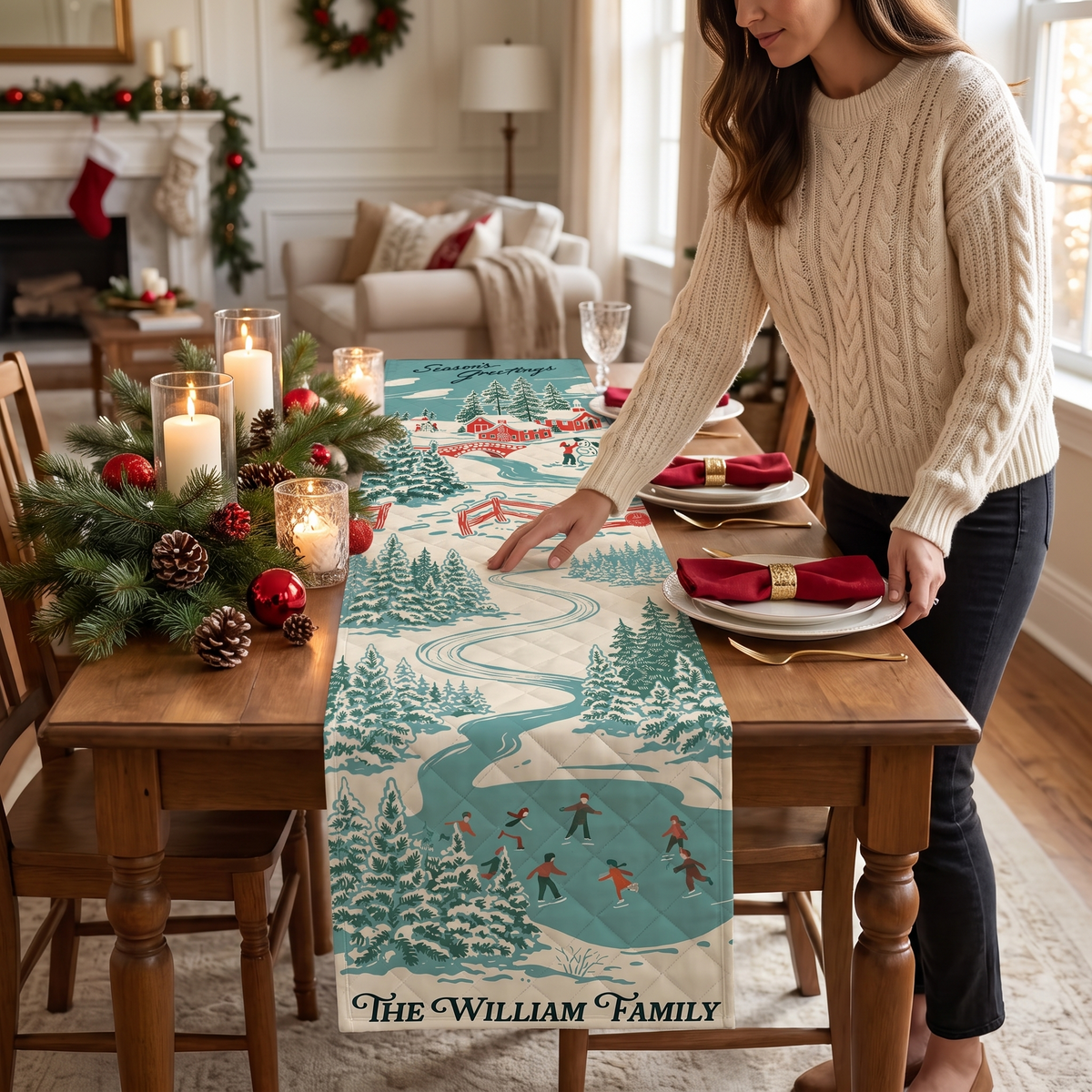 Personalized Family Name Vintage Winter Village Quilt Table Runner, Custom Teal Blue Ice Skating Countryside Quilted Table Runner Decor, Nostalgic Holiday Dining Room Table Topper