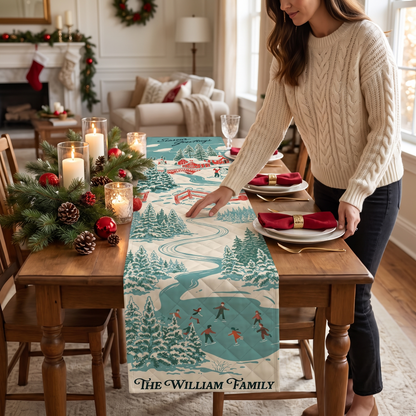 Personalized Family Name Vintage Winter Village Quilt Table Runner, Custom Teal Blue Ice Skating Countryside Quilted Table Runner Decor, Nostalgic Holiday Dining Room Table Topper