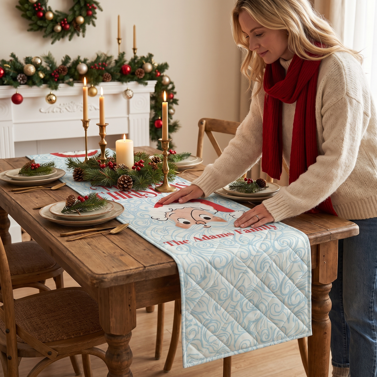 Personalized Family Name Long Beard Santa Christmas Quilt Table Runner in Light Ice Blue & Red, Custom Whimsical Santa Quilted Table Runner Decor, Retro Holiday Dining Room Table Topper