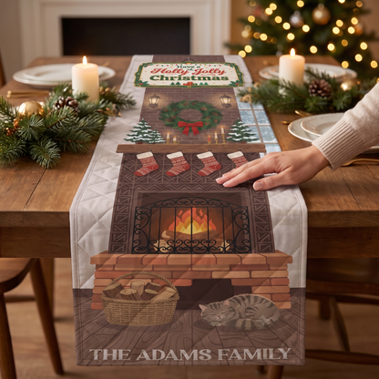 Personalized Family Name Fireplace & Sleeping Cat Christmas Quilt Table Runner in Warm Brown & Red, Custom Holly Jolly Christmas Quilted Table Runner Decor, Rustic Holiday Dining Room Table Topper