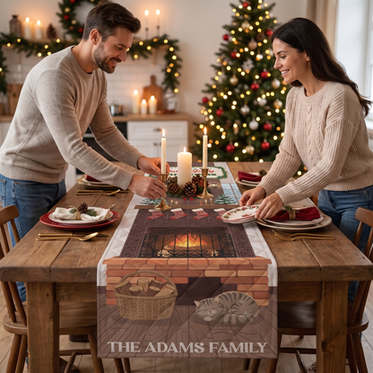 Personalized Family Name Fireplace & Sleeping Cat Christmas Quilt Table Runner in Warm Brown & Red, Custom Holly Jolly Christmas Quilted Table Runner Decor, Rustic Holiday Dining Room Table Topper