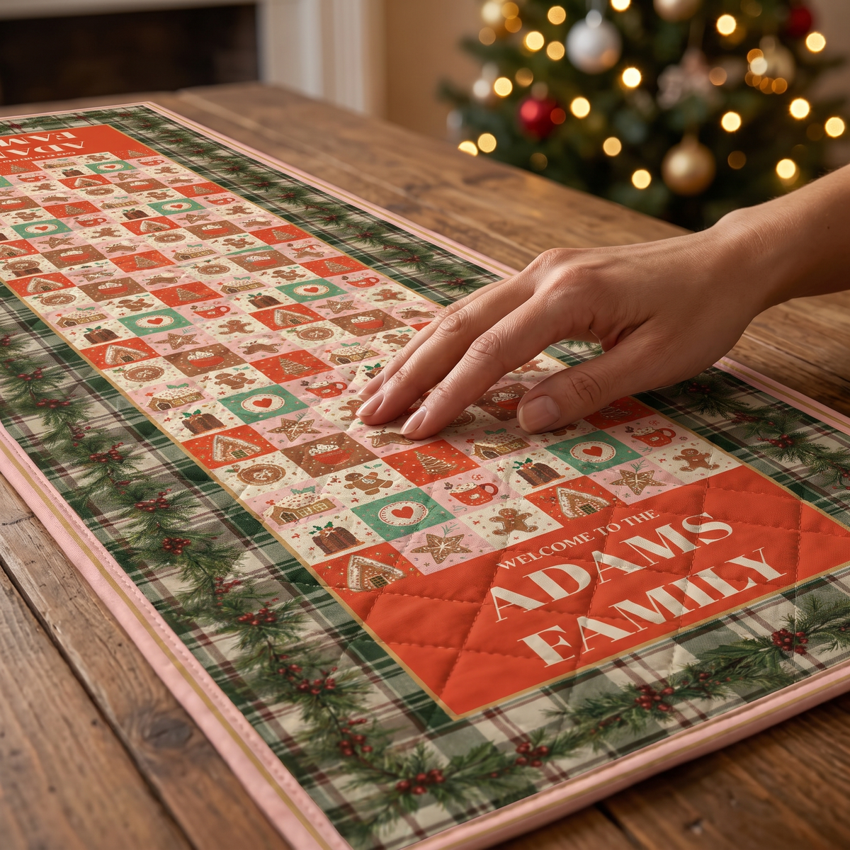 Personalized Family Name Patchwork Plaid Christmas Quilt Table Runner in Red & Green, Custom Gingerbread & Tree Grid Quilted Table Runner Decor, Rustic Holiday Dining Room Table Topper