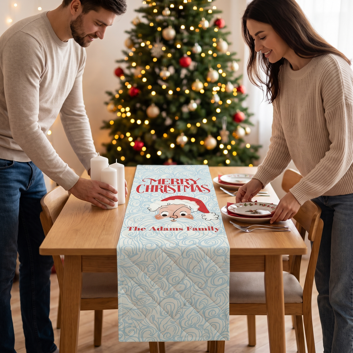 Personalized Family Name Long Beard Santa Christmas Quilt Table Runner in Light Ice Blue & Red, Custom Whimsical Santa Quilted Table Runner Decor, Retro Holiday Dining Room Table Topper