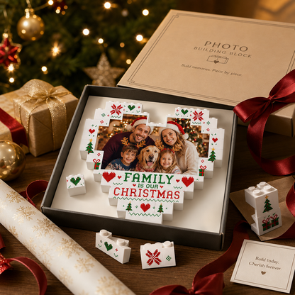Personalized Photo Heart Building Block in White, Red & Green, Custom Family Picture Pixel Knit Xmas Brick Puzzle Keepsake Decor, Festive Christmas Desk Gift