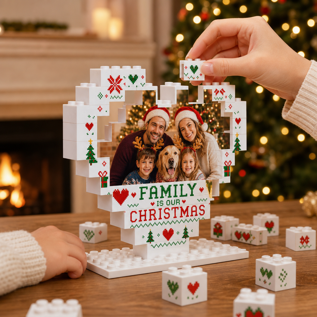 Personalized Photo Heart Building Block in White, Red & Green, Custom Family Picture Pixel Knit Xmas Brick Puzzle Keepsake Decor, Festive Christmas Desk Gift