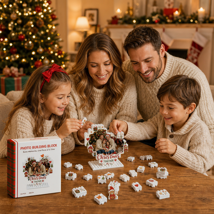 Personalized Photo Heart Christmas Together Building Block in White & Red, Custom Family Pet Picture Xmas Brick Puzzle Keepsake Decor, Cute Holiday Desk Gift