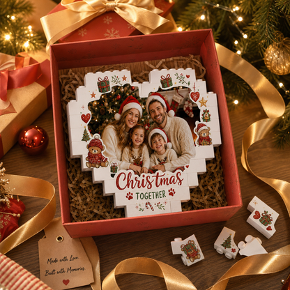 Personalized Photo Heart Christmas Together Building Block in White & Red, Custom Family Pet Picture Xmas Brick Puzzle Keepsake Decor, Cute Holiday Desk Gift