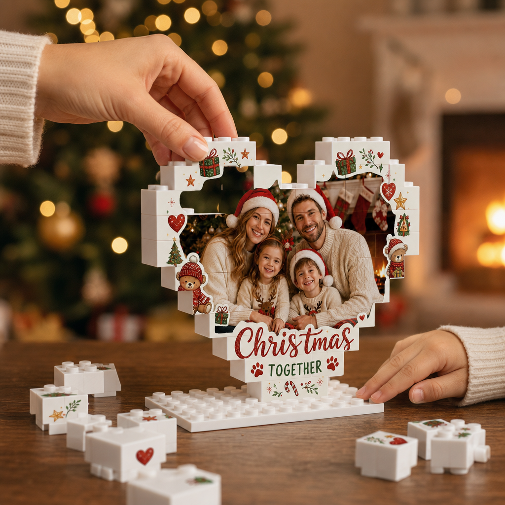 Personalized Photo Heart Christmas Together Building Block in White & Red, Custom Family Pet Picture Xmas Brick Puzzle Keepsake Decor, Cute Holiday Desk Gift