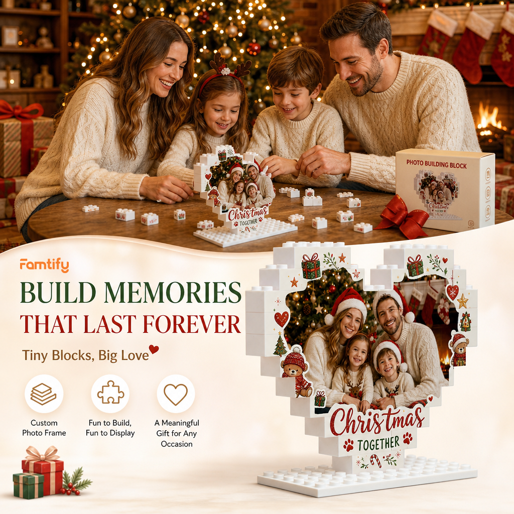 Personalized Photo Heart Christmas Together Building Block in White & Red, Custom Family Pet Picture Xmas Brick Puzzle Keepsake Decor, Cute Holiday Desk Gift