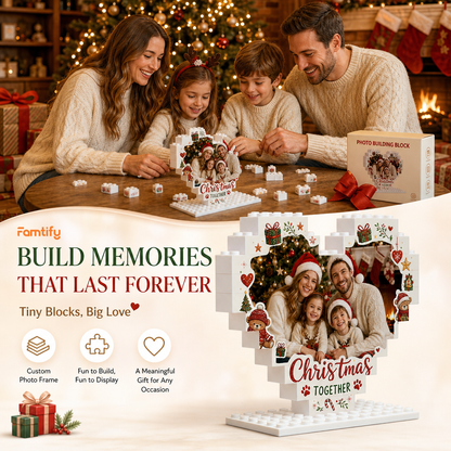 Personalized Photo Heart Christmas Together Building Block in White & Red, Custom Family Pet Picture Xmas Brick Puzzle Keepsake Decor, Cute Holiday Desk Gift