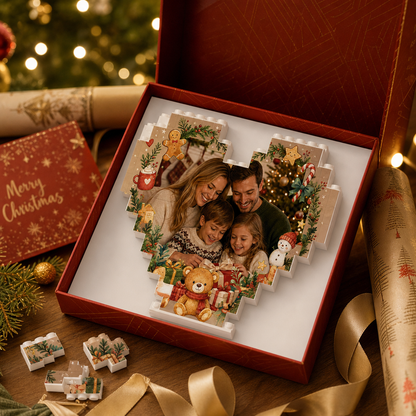 Personalized Photo Heart Building Block in Kraft Brown & Red, Custom Family Picture Gingerbread & Teddy Bear Brick Puzzle Keepsake Decor, Vintage Xmas Desk Gift