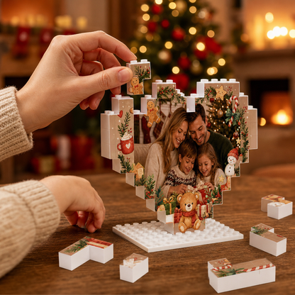 Personalized Photo Heart Building Block in Kraft Brown & Red, Custom Family Picture Gingerbread & Teddy Bear Brick Puzzle Keepsake Decor, Vintage Xmas Desk Gift