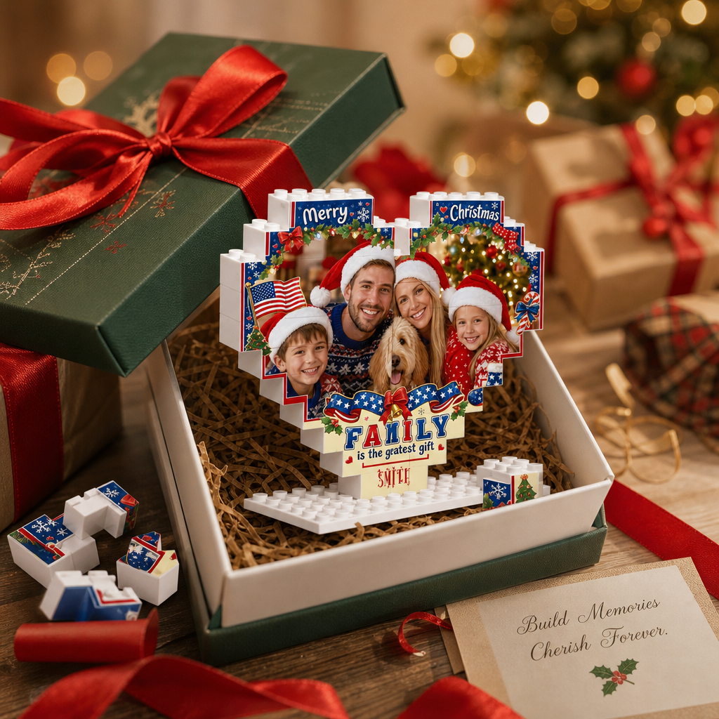 Personalized Photo Heart Building Block in Navy Blue, Red & White, Custom Family Picture Patriotic American Flag Xmas Brick Puzzle Keepsake Decor, Festive Christmas Desk Gift