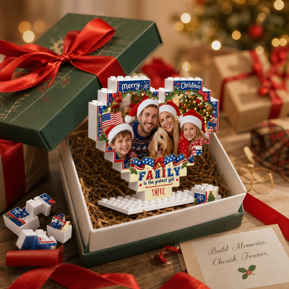Personalized Photo Heart Building Block in Navy Blue, Red & White, Custom Family Picture Patriotic American Flag Xmas Brick Puzzle Keepsake Decor, Festive Christmas Desk Gift