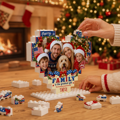 Personalized Photo Heart Building Block in Navy Blue, Red & White, Custom Family Picture Patriotic American Flag Xmas Brick Puzzle Keepsake Decor, Festive Christmas Desk Gift