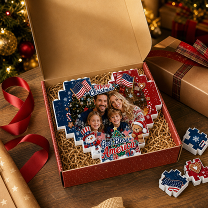 Personalized Photo Heart Building Block in Navy Blue, Red & White, Custom Family Picture Patriotic God Bless America Xmas Brick Puzzle Keepsake Decor, Festive Christmas Desk Gift