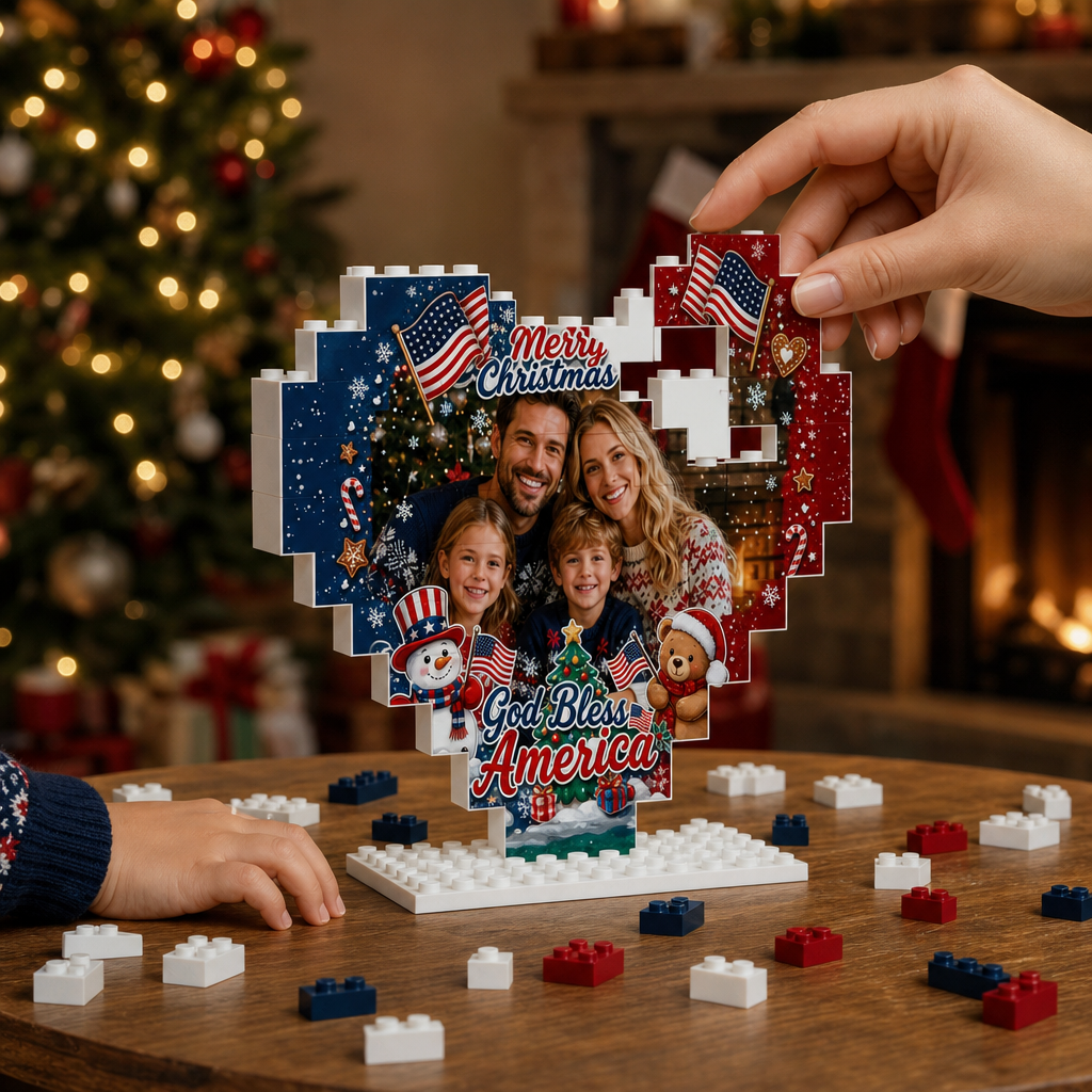 Personalized Photo Heart Building Block in Navy Blue, Red & White, Custom Family Picture Patriotic God Bless America Xmas Brick Puzzle Keepsake Decor, Festive Christmas Desk Gift