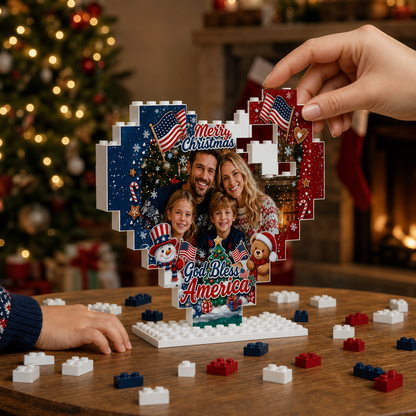 Personalized Photo Heart Building Block in Navy Blue, Red & White, Custom Family Picture Patriotic God Bless America Xmas Brick Puzzle Keepsake Decor, Festive Christmas Desk Gift