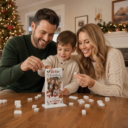 Personalized Photo Christmas Building Block in Warm Cream & Red, Custom Family Picture Vintage Snowman & Teddy Bear Brick Puzzle Keepsake Decor, Festive Holiday Desk Gift