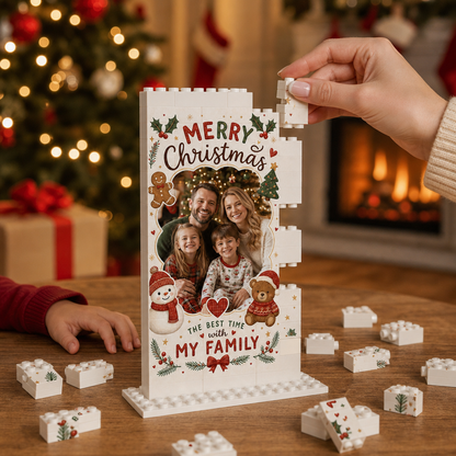 Personalized Photo Christmas Building Block in Warm Cream & Red, Custom Family Picture Vintage Snowman & Teddy Bear Brick Puzzle Keepsake Decor, Festive Holiday Desk Gift