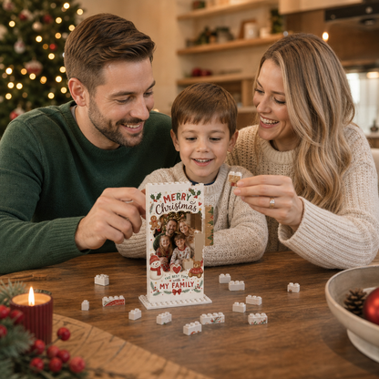 Personalized Photo Christmas Building Block in Warm Cream & Red, Custom Family Picture Vintage Snowman & Teddy Bear Brick Puzzle Keepsake Decor, Festive Holiday Desk Gift