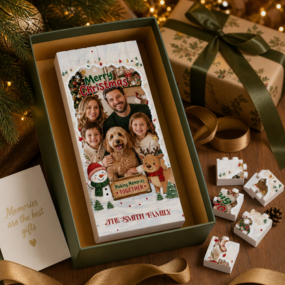 Personalized Photo Christmas Building Block in Light Blue & Off-White, Custom Family Picture Snowman & Reindeer Brick Puzzle Keepsake Decor, Festive Holiday Desk Gift