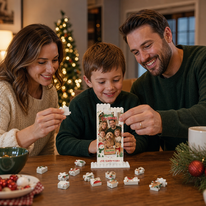 Personalized Photo Christmas Building Block in Light Blue & Off-White, Custom Family Picture Snowman & Reindeer Brick Puzzle Keepsake Decor, Festive Holiday Desk Gift