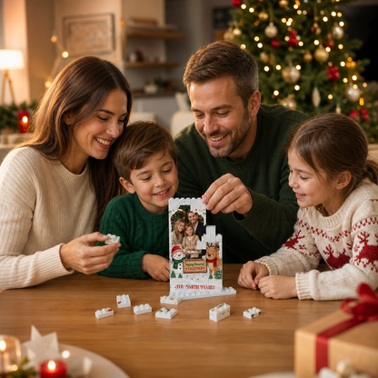 Personalized Photo Christmas Building Block in Light Blue & Off-White, Custom Family Picture Snowman & Reindeer Brick Puzzle Keepsake Decor, Festive Holiday Desk Gift