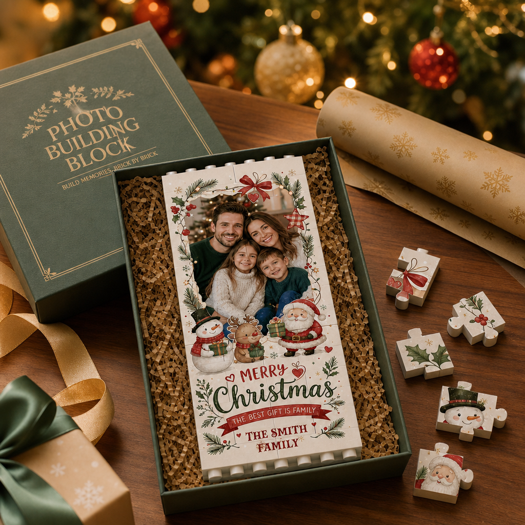Personalized Photo Christmas Building Block in Cream & Red, Custom Family Picture Vintage Wreath Santa Snowman Brick Puzzle Keepsake Decor, Festive Holiday Desk Gift
