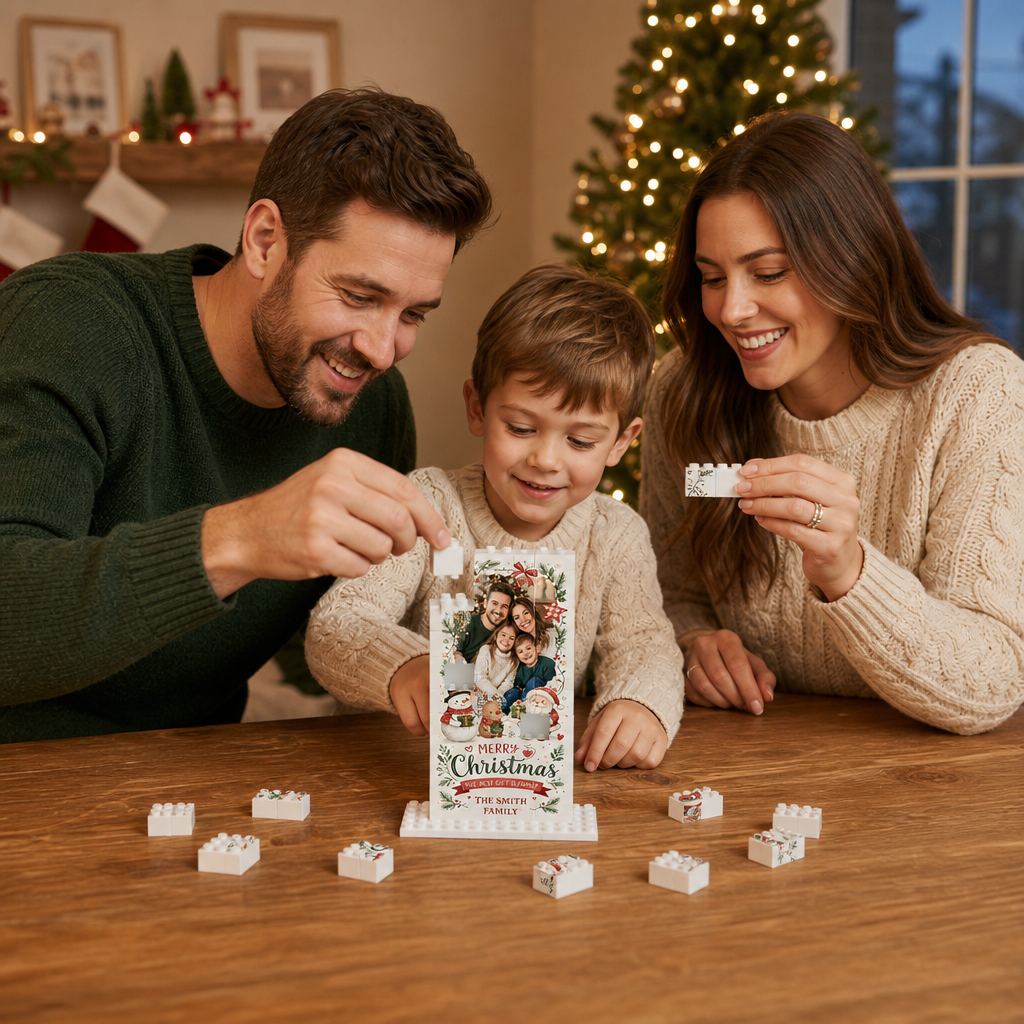 Personalized Photo Christmas Building Block in Cream & Red, Custom Family Picture Vintage Wreath Santa Snowman Brick Puzzle Keepsake Decor, Festive Holiday Desk Gift