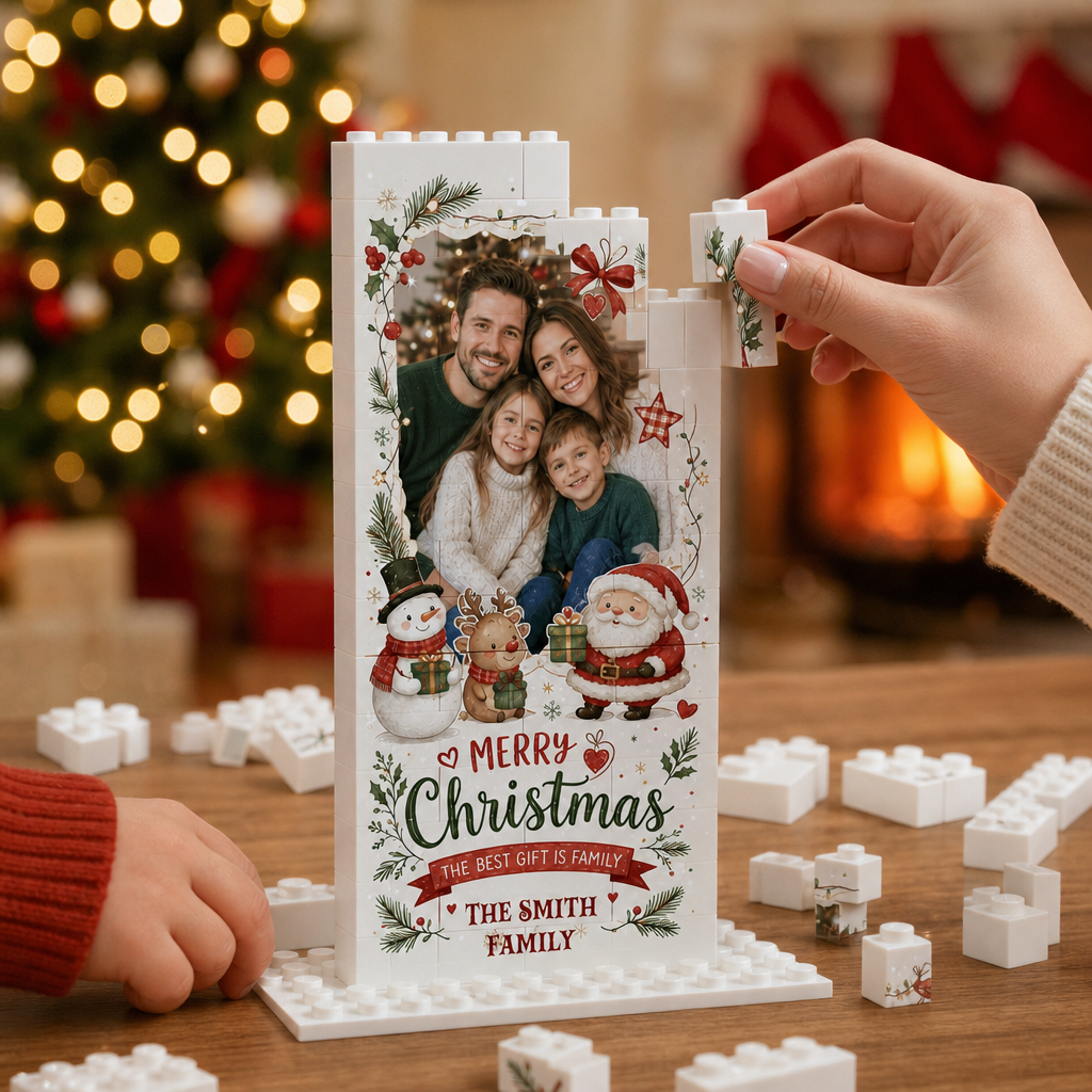 Personalized Photo Christmas Building Block in Cream & Red, Custom Family Picture Vintage Wreath Santa Snowman Brick Puzzle Keepsake Decor, Festive Holiday Desk Gift