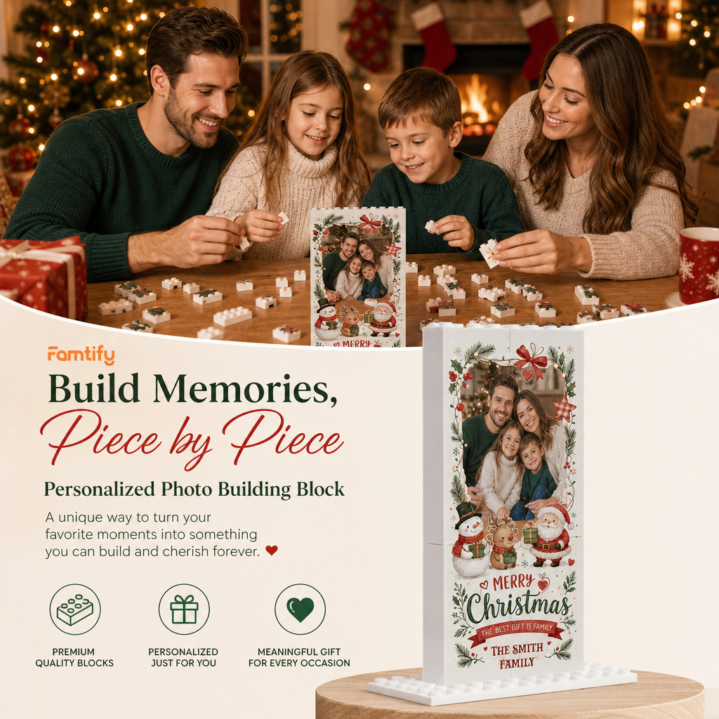Personalized Photo Christmas Building Block in Cream & Red, Custom Family Picture Vintage Wreath Santa Snowman Brick Puzzle Keepsake Decor, Festive Holiday Desk Gift