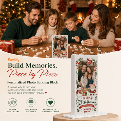 Personalized Photo Christmas Building Block in Cream & Red, Custom Family Picture Vintage Wreath Santa Snowman Brick Puzzle Keepsake Decor, Festive Holiday Desk Gift
