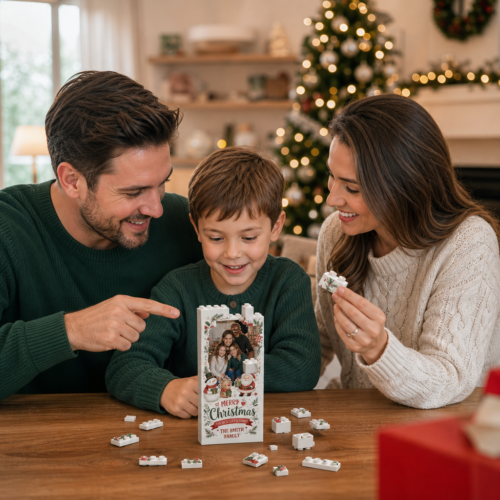 Personalized Photo Christmas Building Block in Cream & Red, Custom Family Picture Vintage Wreath Santa Snowman Brick Puzzle Keepsake Decor, Festive Holiday Desk Gift