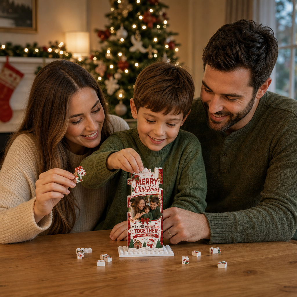 Personalized Photo Christmas Building Block in Red Plaid & Cream, Custom Family Picture Rustic Snowman & Gingerbread Brick Puzzle Keepsake Decor, Festive Holiday Desk Gift