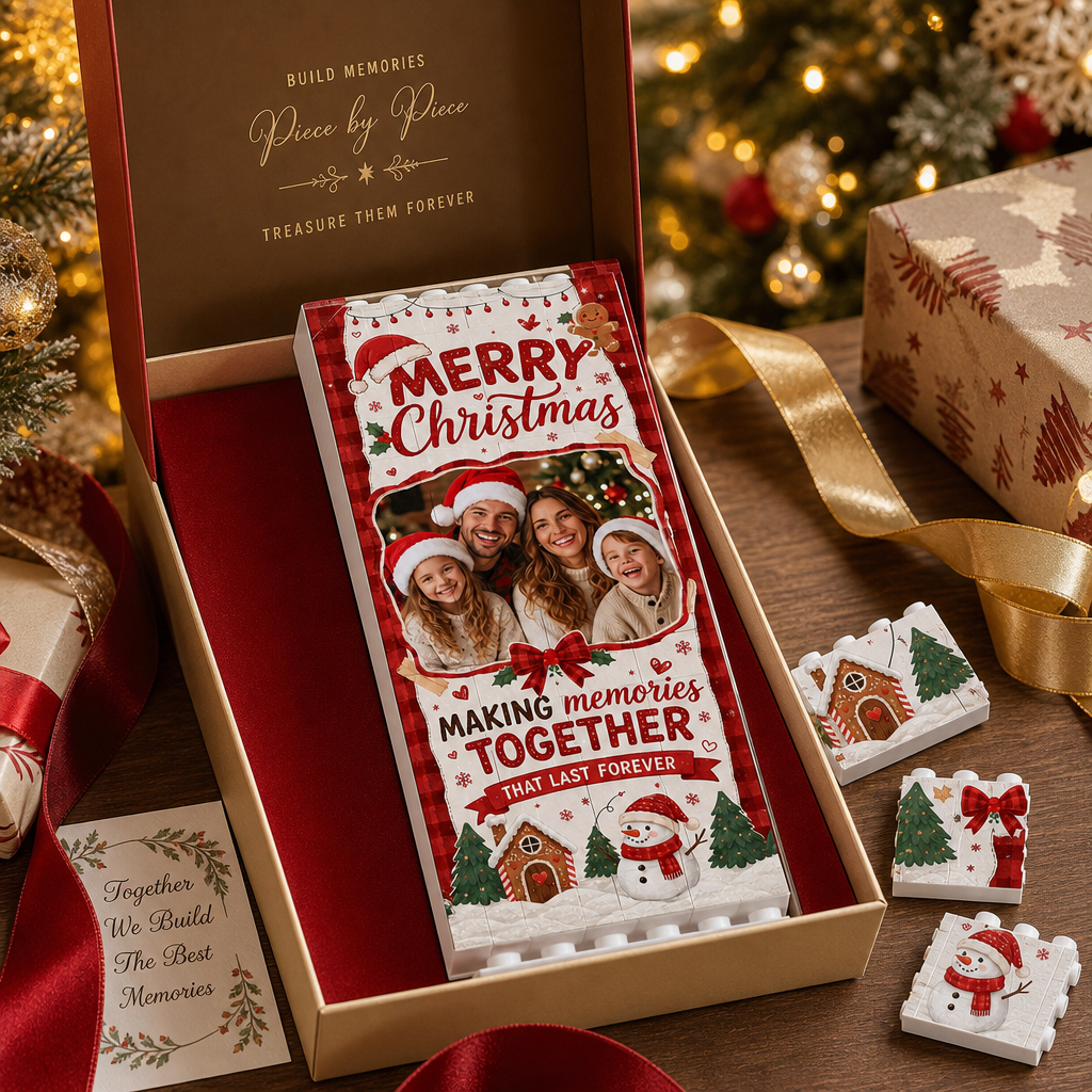 Personalized Photo Christmas Building Block in Red Plaid & Cream, Custom Family Picture Rustic Snowman & Gingerbread Brick Puzzle Keepsake Decor, Festive Holiday Desk Gift