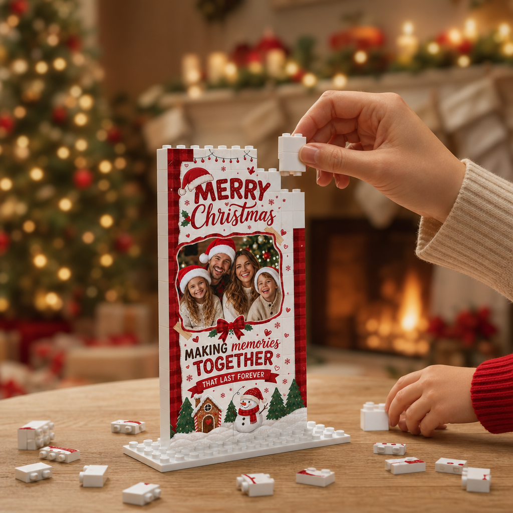 Personalized Photo Christmas Building Block in Red Plaid & Cream, Custom Family Picture Rustic Snowman & Gingerbread Brick Puzzle Keepsake Decor, Festive Holiday Desk Gift