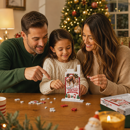 Personalized Photo Christmas Building Block in Red Plaid & Cream, Custom Family Picture Rustic Snowman & Gingerbread Brick Puzzle Keepsake Decor, Festive Holiday Desk Gift