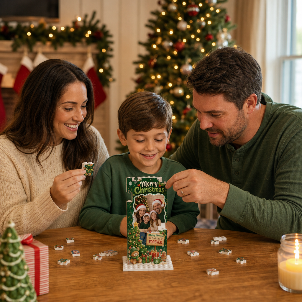 Personalized Photo Christmas Building Block in Forest Green & Red, Custom Family Picture Xmas Tree & Teddy Bear Brick Puzzle Keepsake Decor, Festive Holiday Desk Gift