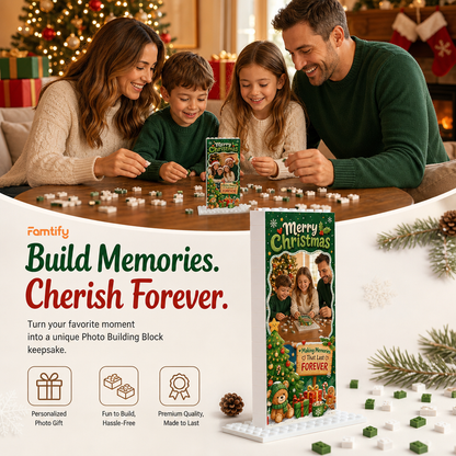 Personalized Photo Christmas Building Block in Forest Green & Red, Custom Family Picture Xmas Tree & Teddy Bear Brick Puzzle Keepsake Decor, Festive Holiday Desk Gift
