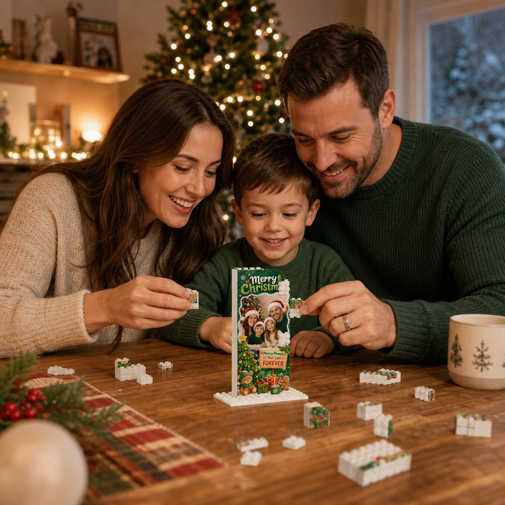 Personalized Photo Christmas Building Block in Forest Green & Red, Custom Family Picture Xmas Tree & Teddy Bear Brick Puzzle Keepsake Decor, Festive Holiday Desk Gift