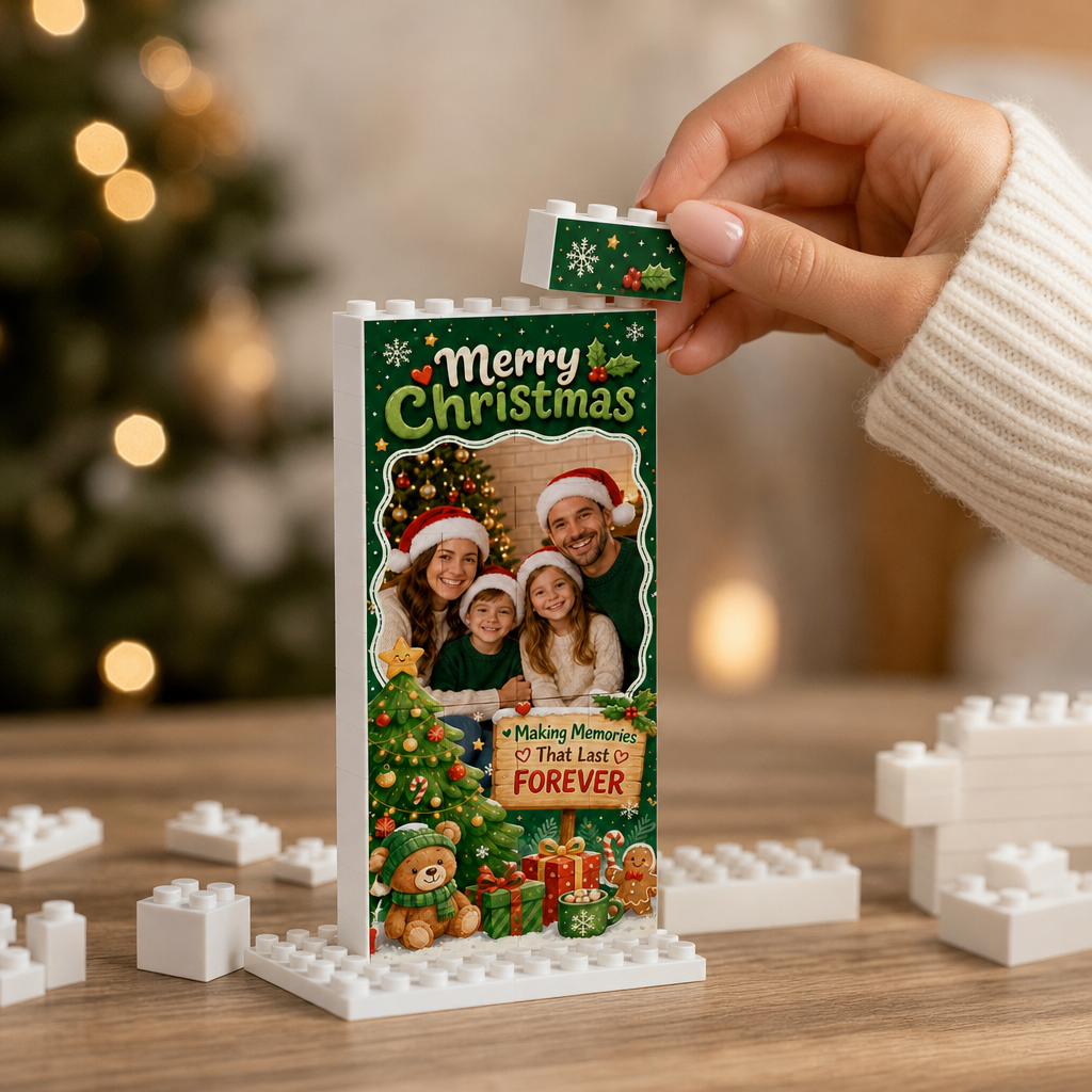 Personalized Photo Christmas Building Block in Forest Green & Red, Custom Family Picture Xmas Tree & Teddy Bear Brick Puzzle Keepsake Decor, Festive Holiday Desk Gift