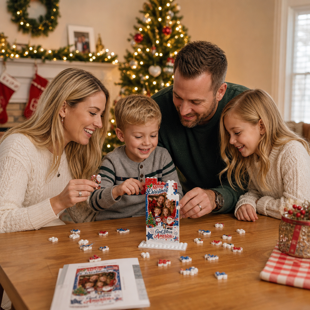 Personalized Photo Christmas Building Block in Navy Blue, Red & White, Custom Family Picture Patriotic God Bless America Santa Brick Puzzle Keepsake Decor, Festive Holiday Desk Gift