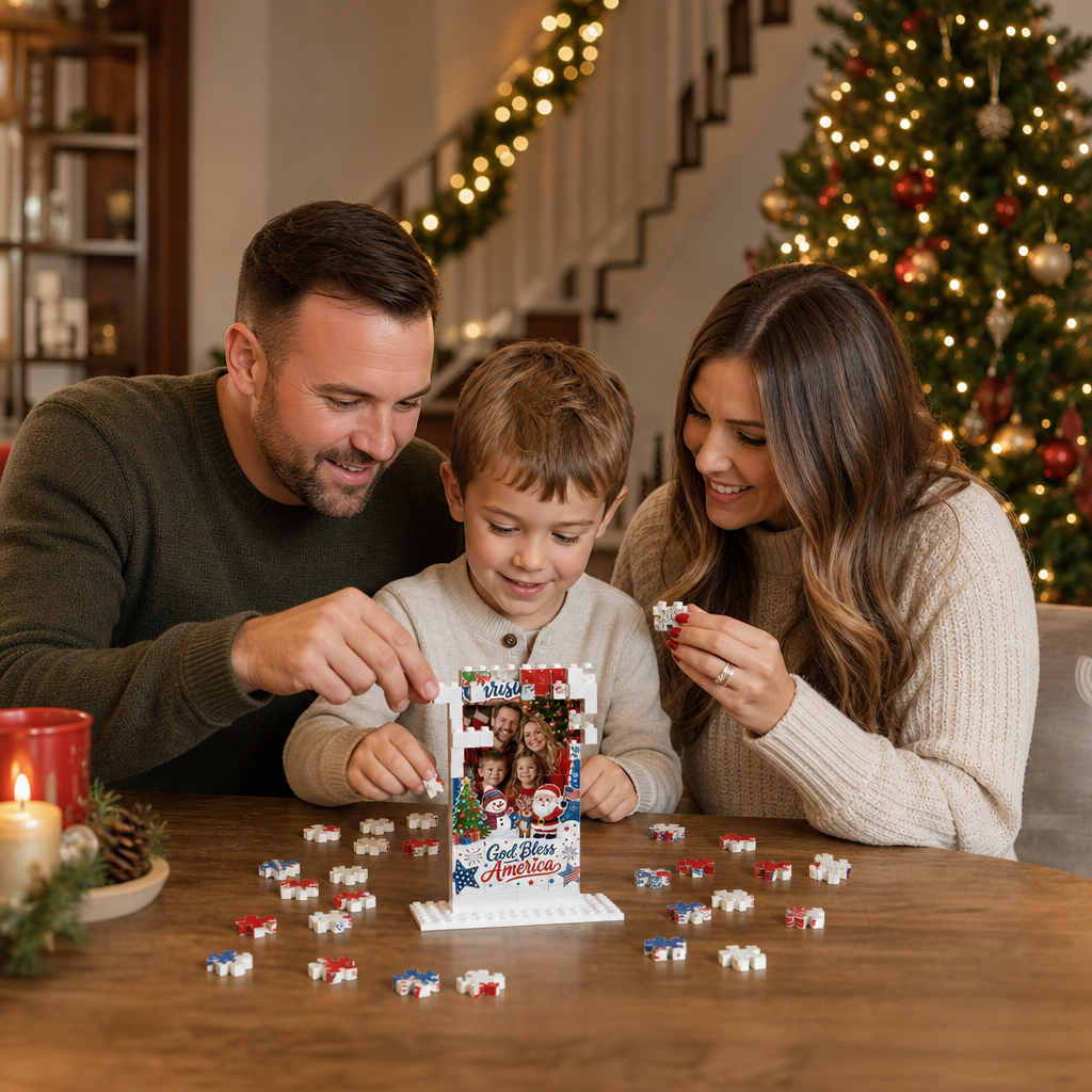 Personalized Photo Christmas Building Block in Navy Blue, Red & White, Custom Family Picture Patriotic God Bless America Santa Brick Puzzle Keepsake Decor, Festive Holiday Desk Gift