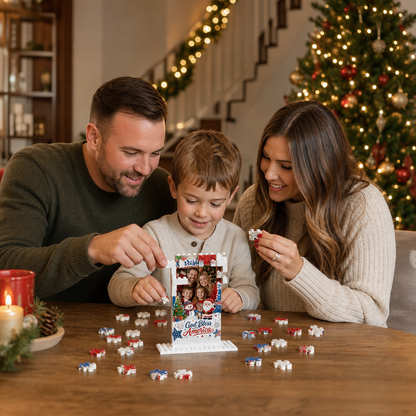 Personalized Photo Christmas Building Block in Navy Blue, Red & White, Custom Family Picture Patriotic God Bless America Santa Brick Puzzle Keepsake Decor, Festive Holiday Desk Gift