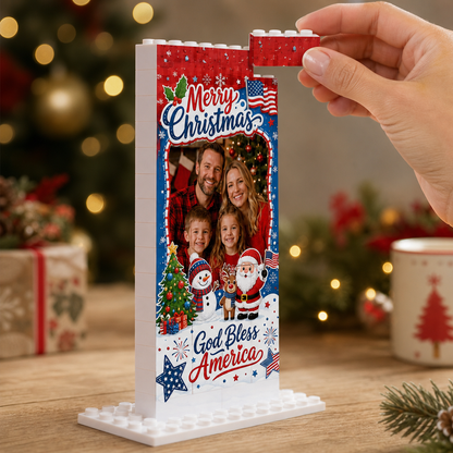 Personalized Photo Christmas Building Block in Navy Blue, Red & White, Custom Family Picture Patriotic God Bless America Santa Brick Puzzle Keepsake Decor, Festive Holiday Desk Gift